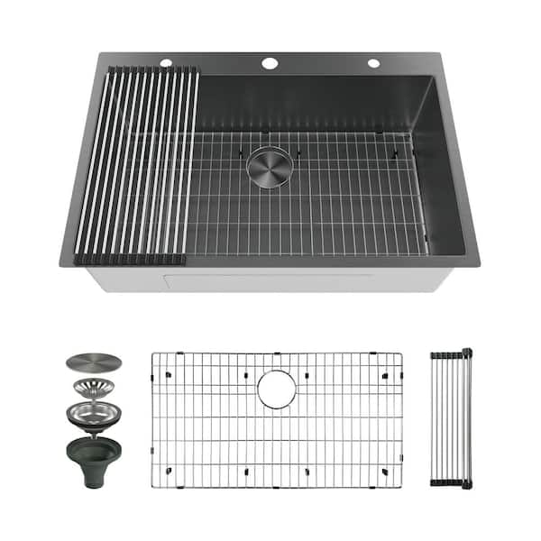33 in. Drop-In 3-Hole Single Bowl 16-Gauge Gunmetal Black Stainless Steel R10 Round Corner Kitchen Sink with Accessories