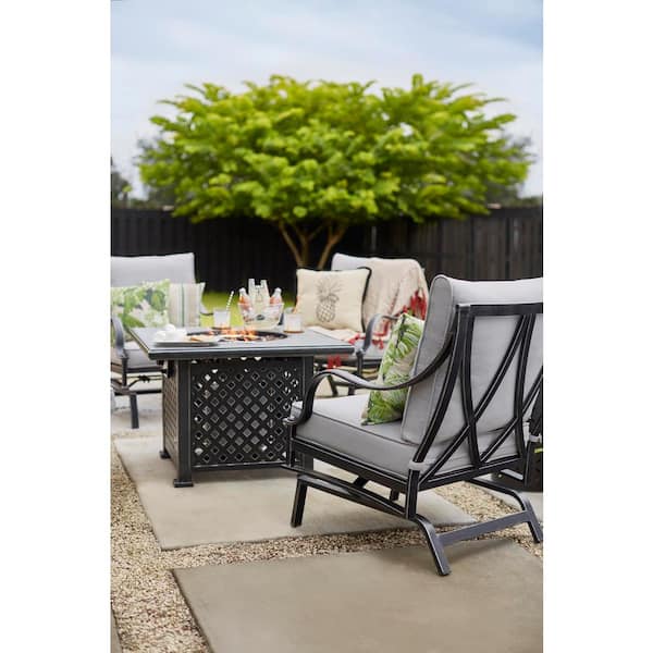 5 Piece Fire Pit Set With Gray Cushions, Hampton Bay Fire Pit Table And Chairs