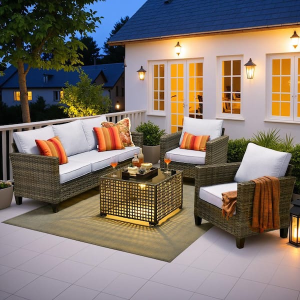 OVIOS Nvelyn Gray 4-Piece Wicker Patio Conversation Set with Gray Cushions and Coffee Table