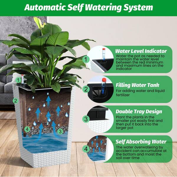 White Resin Planter with Drainage Holes, Water Level Monitor, Inner Bucket, Automatic  Watering (2-Pack) PHO_11G8WGJS-HNN - The Home Depot