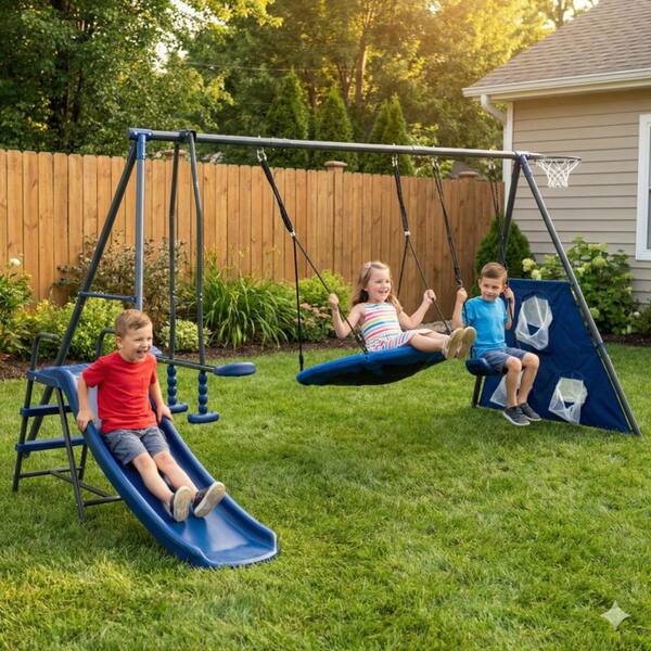 SUNRINX 6-in-1 Kids Swing Set with Slide, Saucer Swing and