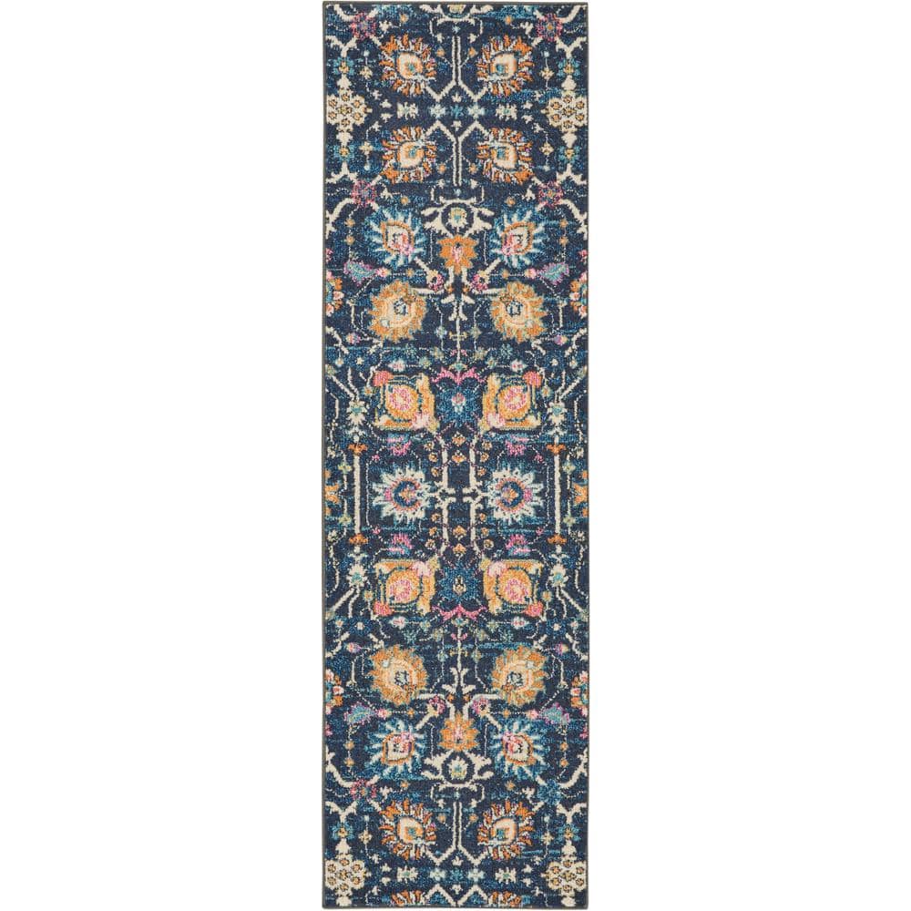 Navy Floral Synthetic Runner Rug with Latex Backing