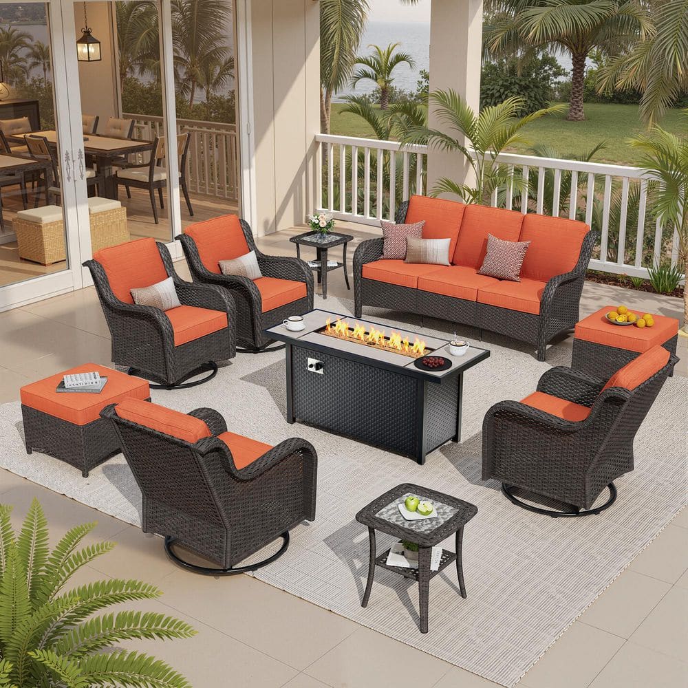Garnet 10-Piece Wicker Outdoor Fire Pit Patio Conversation Sofa Set with Swivel Rocking Chairs and Orange Red Cushions price history on PriceWatchPro