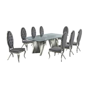 Becky 9-Piece Rectangular Glass Top with Stainless Steel Base Table Set with 8-Dark Grey Velvet Chairs with Crystals