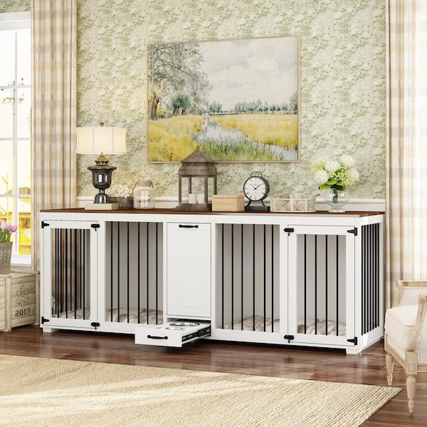 FUFU&GAGA Upgrade Large Furniture Style Dog Crate with Dog Feeding Area, End Table with 2 Rooms Design and One Dog Food Container