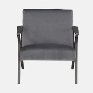 Gray Velvet Solid Rubberwood Arm Chair