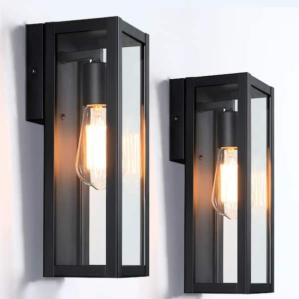 Hukoro Cali 1-Light 13 in.Outdoor Wall Lantern with Matte Black Finish and Clear glass shade (2-pack)