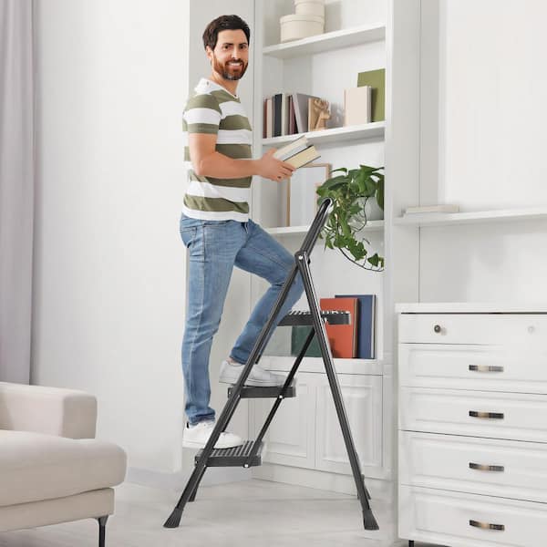 3-Step Reach Folding Non-Slip Steel Step Stool w/Safety Handrails and Wide Anti-Slip Pedals, 800 lb.