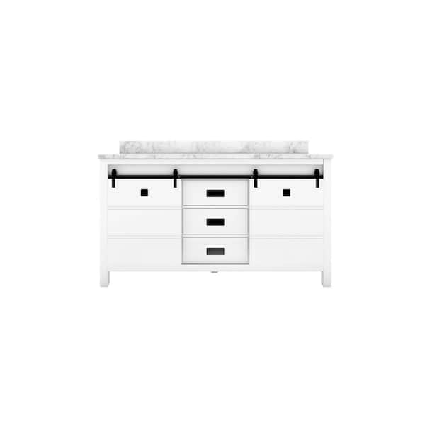 Sinber STYLE3 60 in. W x 22 in. D x 35 in. H Ceramic Sink Freestanding Bath Vanity in White with Carrara White Marble Top