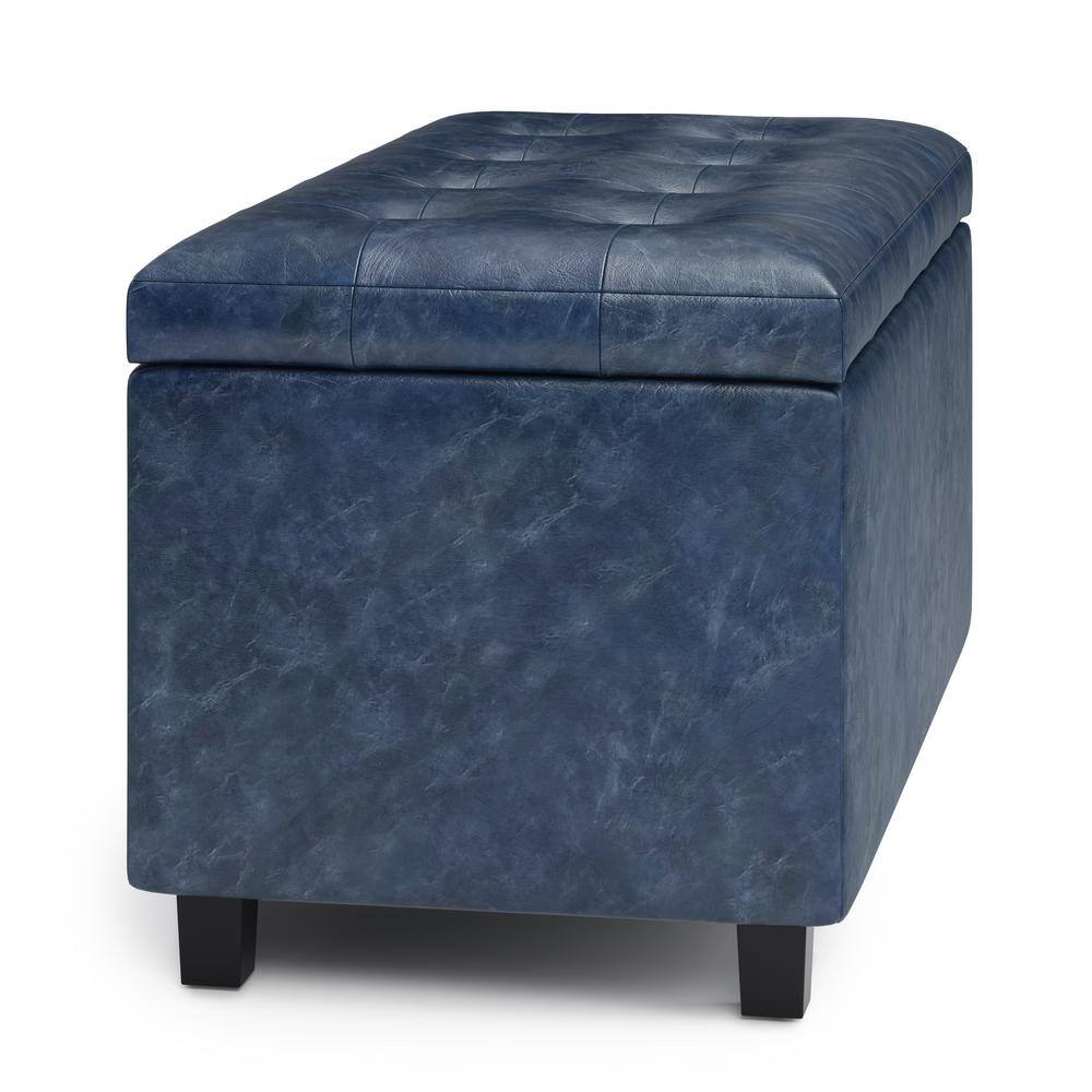 Cosmopolitan Denim Blue Tufted Faux Leather Storage Footstool