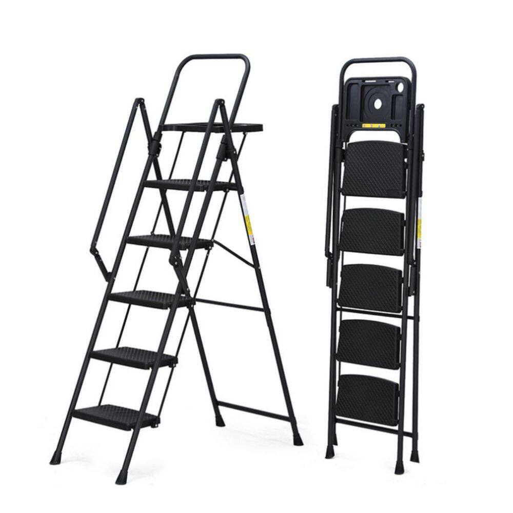 Black 6.3 ft. Iron Foldable 5-Step with Tool Tray and Wide Non Slip Pedals,