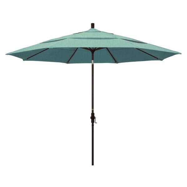 California Umbrella 11 ft. Bronze Aluminum Pole Market Aluminum Ribs Crank Lift Outdoor Patio Umbrella in Spectrum Mist Sunbrella