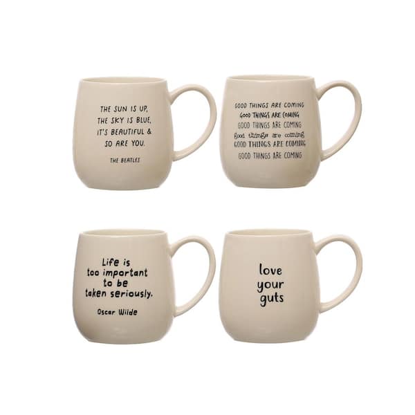 Storied Home 12 Oz. White and Black Stoneware Beverage Mugs with Love Text Quote Designs (Set-4)