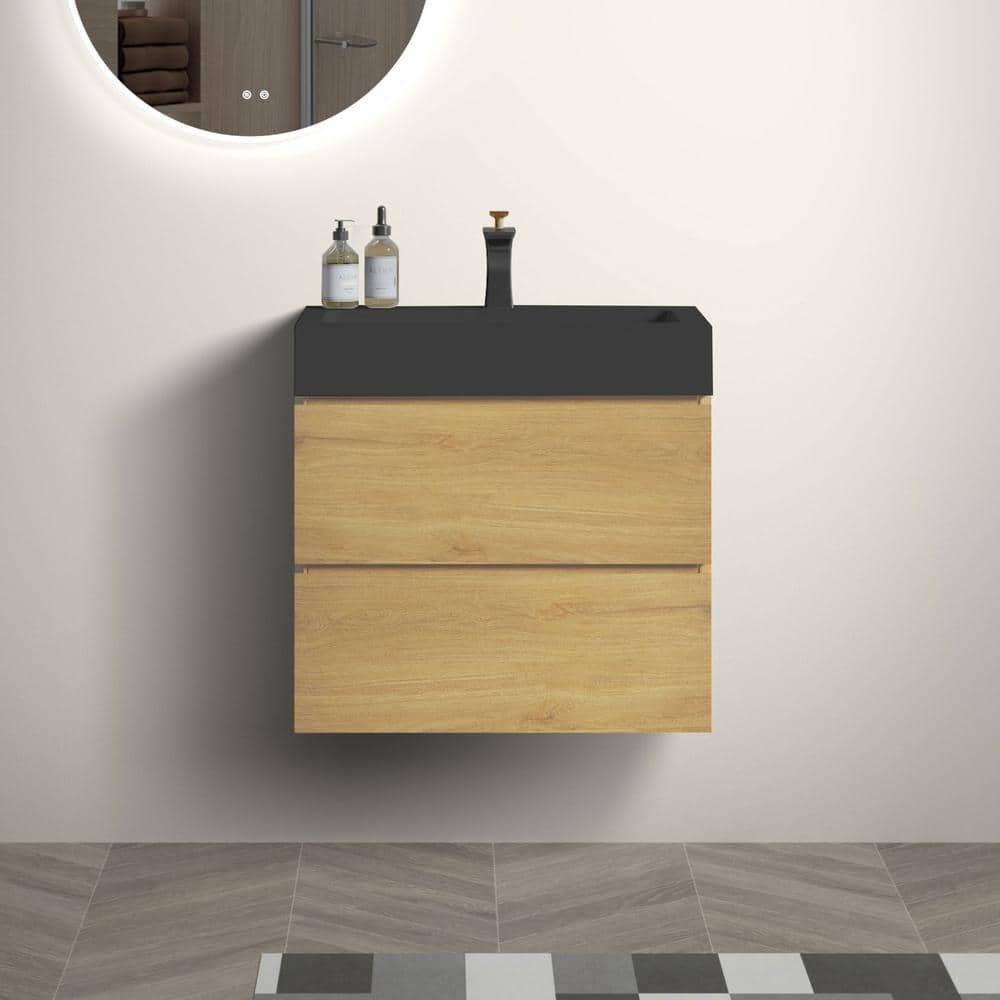 24 in. Single Sink Wall Mounted Natural Oak Bath Vanity with Black Solid Surface Top Unassembled without Drain price history on PriceWatchPro