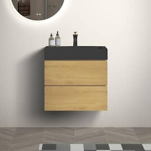 24 in. Single Sink Wall Mounted Natural Oak Bath Vanity with Black Solid Surface Top Unassembled without Drain