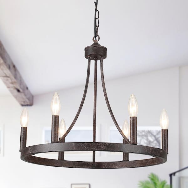 6-Light Farmhouse Antique Black Candle Design Circle Wagon Wheel Chandelier Lighting for Kitchen Island