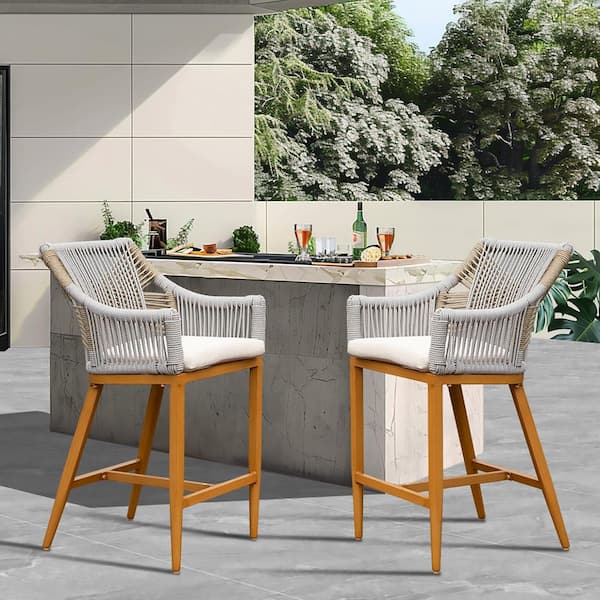 Aluminum Outdoor Bar Stools Set 2 Counter Height Bar Chairs with Beige Cushion Modern Textilene Rope, Square Backrest