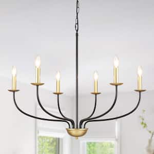6-Light Black and Gold Modern Farmhouse Style Linear Chandelier for Dining Room with no bulbs included