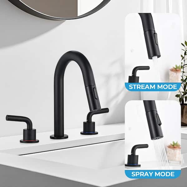 8 in. Widespread Double Handle Bathroom Faucet 3 Hole Pull Down Sink Faucet with Pop-Up Drain in Matte Black