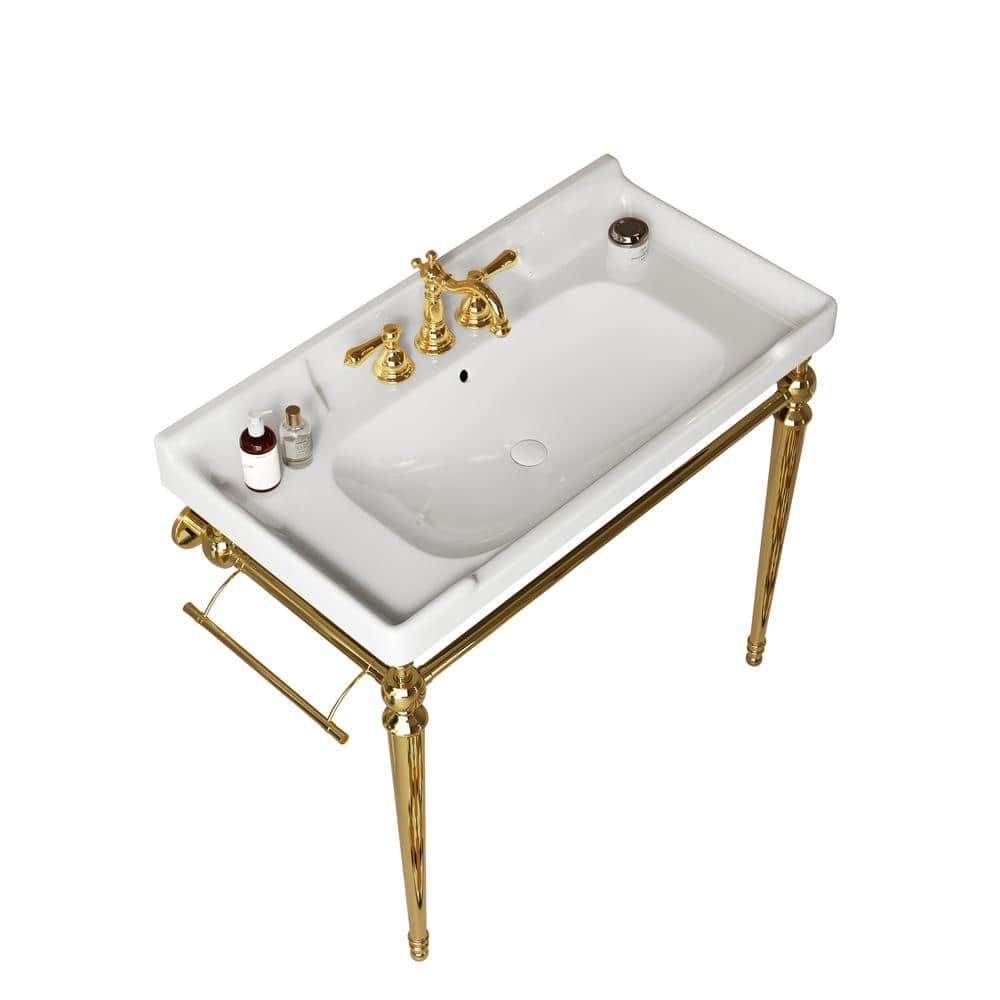 36 in. White Ceramic Single Bowl Console Sink and Gold Legs Combo with 1-To