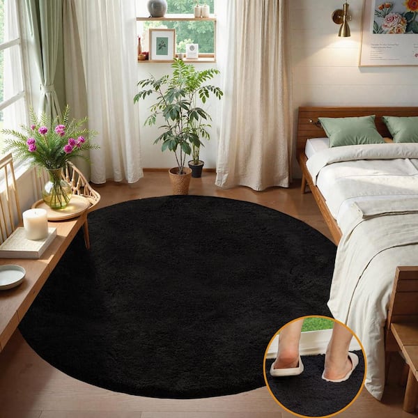 GHDG Solid Black 4 ft. Shag Plush Round Rug Area Rug