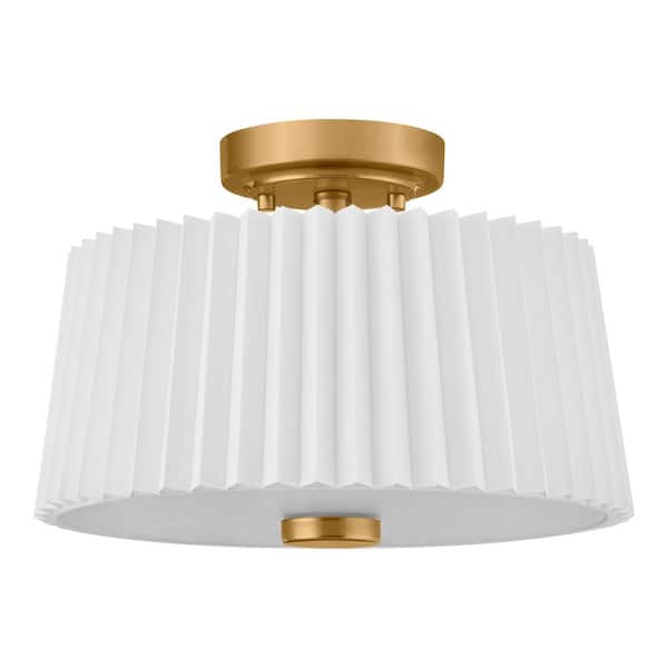 Home Decorators Collection Emyvale 13 in. 2-Light Brushed Gold Flush Mount with White Fabric Shade
