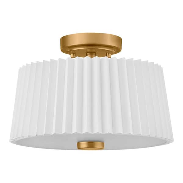 Emyvale 13 in. 2-Light Brushed Gold Flush Mount with White Fabric Shade