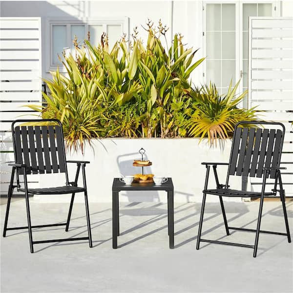 4pcs Foldable Plastic Slatted Folding Dining Chairs With Metal Frame for Garden, Patio, Porch, Balcony, Black