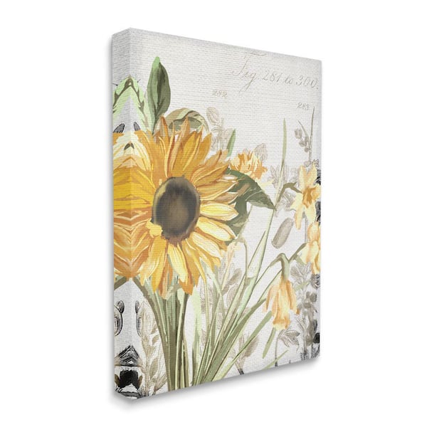 Soft Sunflower Floral over Vintage Plant Illustration by Kim Allen Unframed Print Nature Wall Art 16 in. x 20 in.
