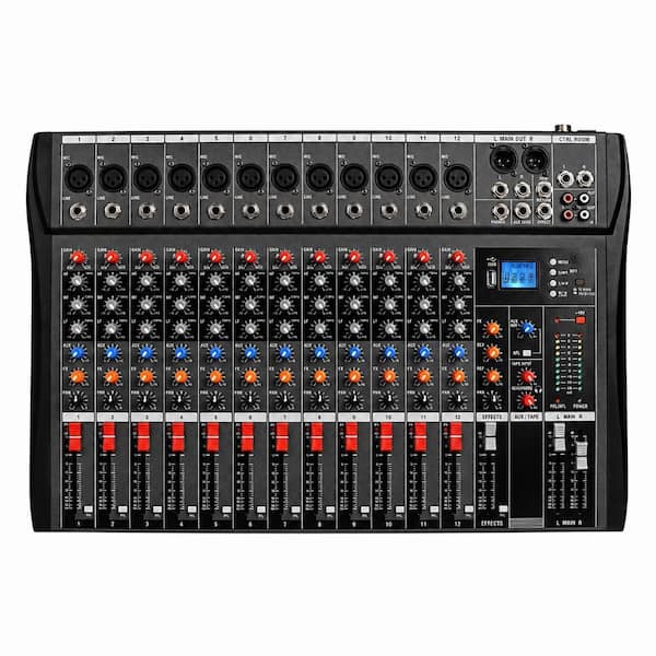 DX12 12 channel professional audio mixer console with USB computer interface in black single pack