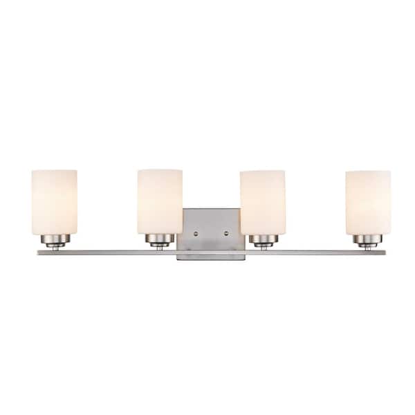 Mod Pod 31 in. 4-Light CFL Brushed Nickel Bathroom Vanity Light Fixture with Frosted Glass Cylinder Shades