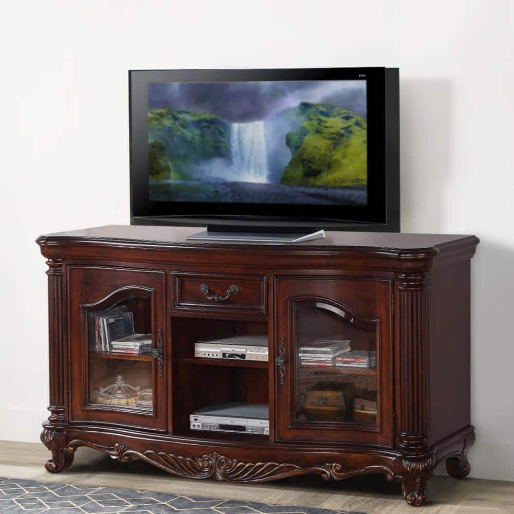 Benjara 65 in. Brown Cherry Wood TV Stand Fits TVs up to 60 in. with 2