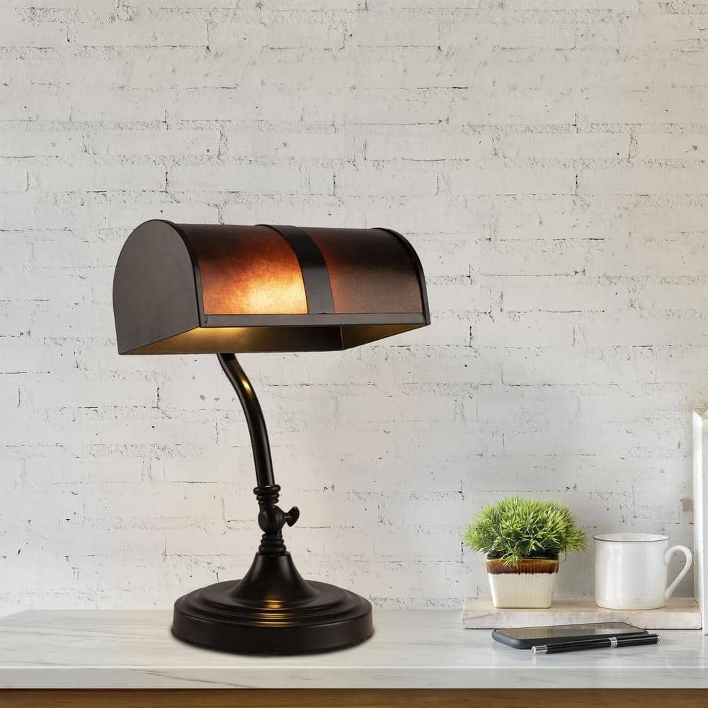 14" Black Metal LED Banker's Lamp with Amber Mica Shade