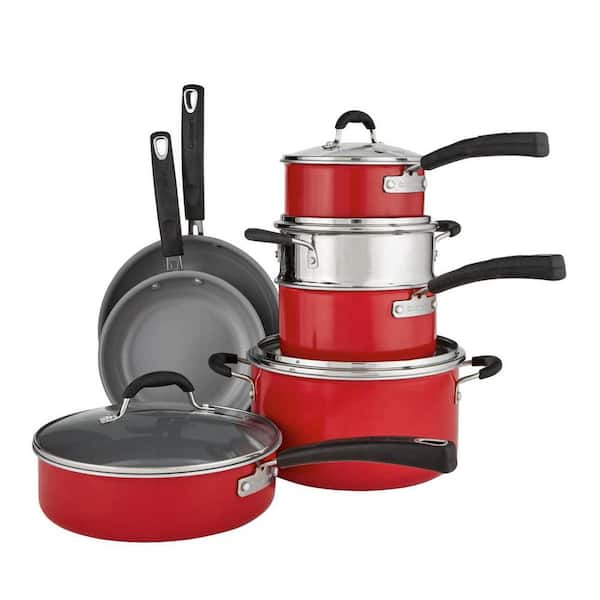 Cuisinart 11pc Ceramic Nonstick XT Cookware - Red Nonstick Cookware Set - Black 54C-11R