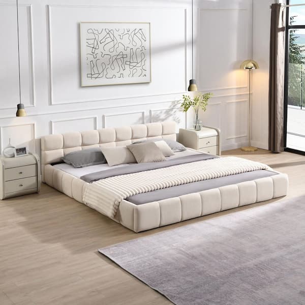 Beige Wood Frame King Size Chenille Upholstered Platform Bed Grounded Bed with Tufted Headboard