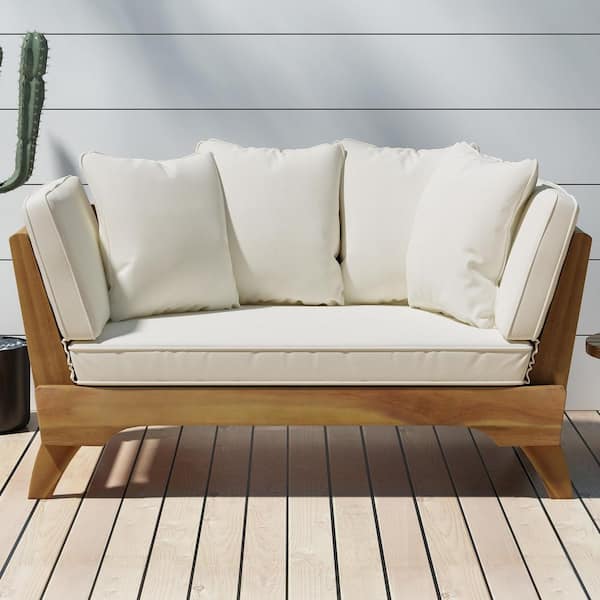 Coporesell 1-Piece Wood Outdoor Couch with Beige Cushions