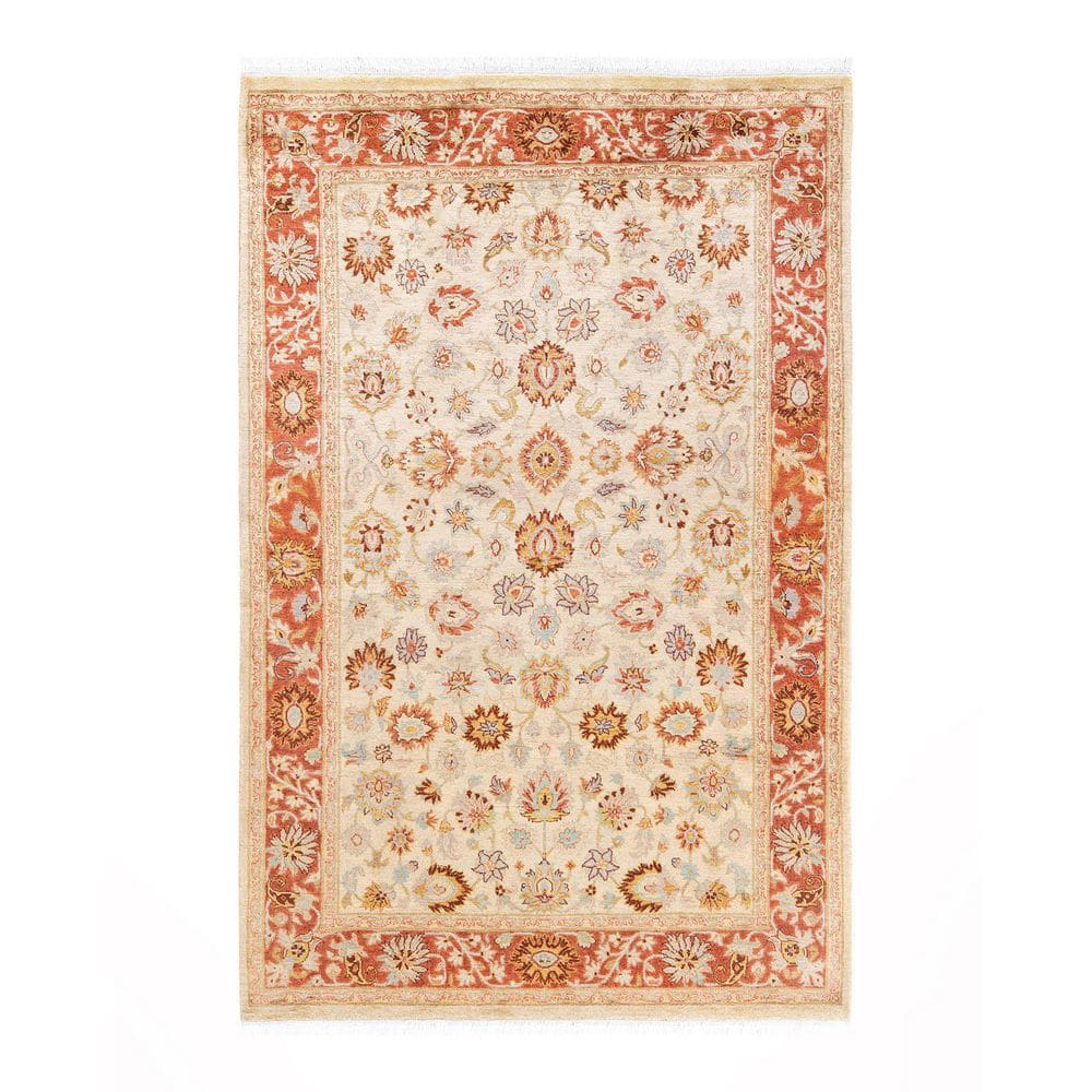 Ivory and Rust Hand-Knotted Wool Oriental 4' x 6' Rug
