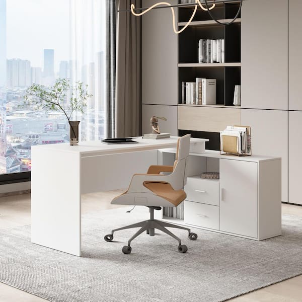 FUFU&GAGA White L-Shaped MDF Writing Desk, Computer Desk with 2 Drawers, Open Shelves and Cabinet, 55.1 in. W x 29.4 in.H