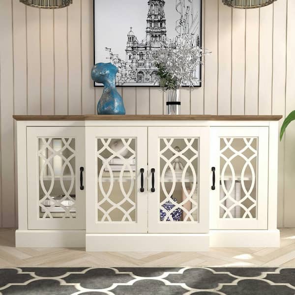 GALANO Raccon Ivory Wood 59.1 in. 4-Door Wide Accent Sideboard with ...