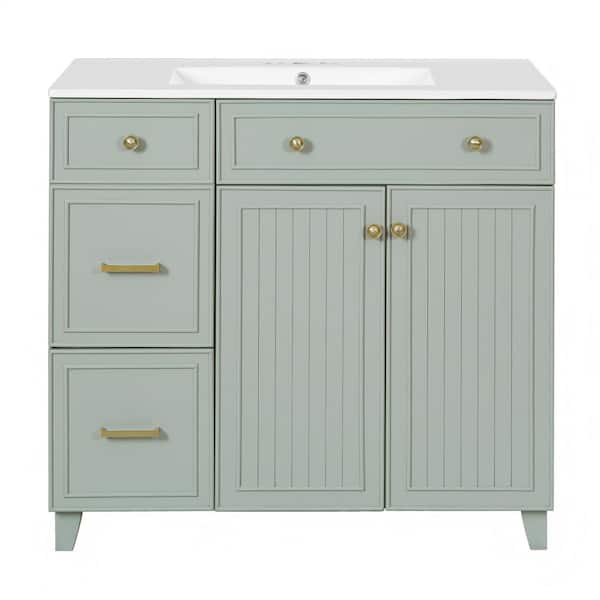 36 in. W x 18.3 in. D x 34 in. H Single Sink Bath Vanity in Green with White Ceramic Top and Drawers