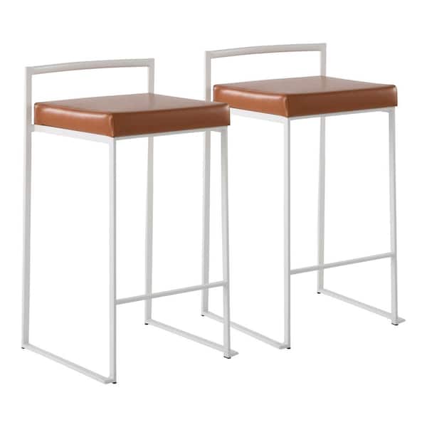 Lumisource Fuji 31 in. Camel Faux Leather and White Metal Counter Height Bar Stool (Set of 2)