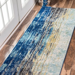 Katharina Modern Abstract Blue 3 ft. x 14 ft. Runner Rug