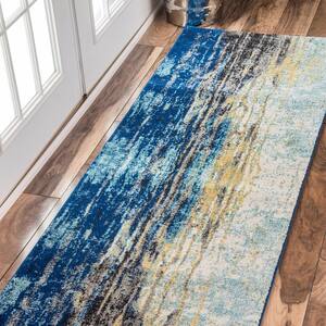 Katharina Modern Abstract Blue 3 ft. x 14 ft. Runner Rug