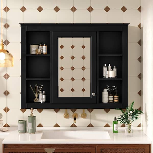 YSQCAR 35 in. W x 27.5 in. H Rectangular Black MDF Surface Mount Medicine Cabinet with Mirror, with 6 Open Shelves
