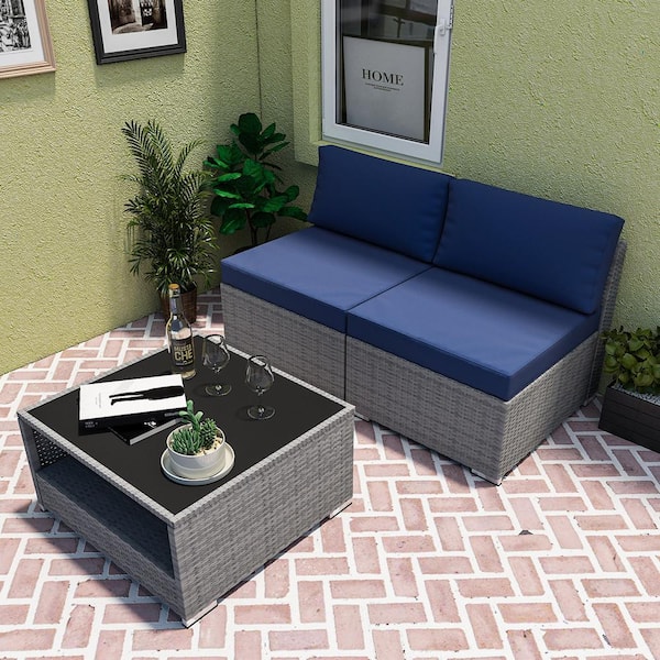 EAGLE PEAK 3-Piece Armless Wicker Outdoor Patio Conversation Seating Sofa Set with Coffee Table, Dark Blue Cushions