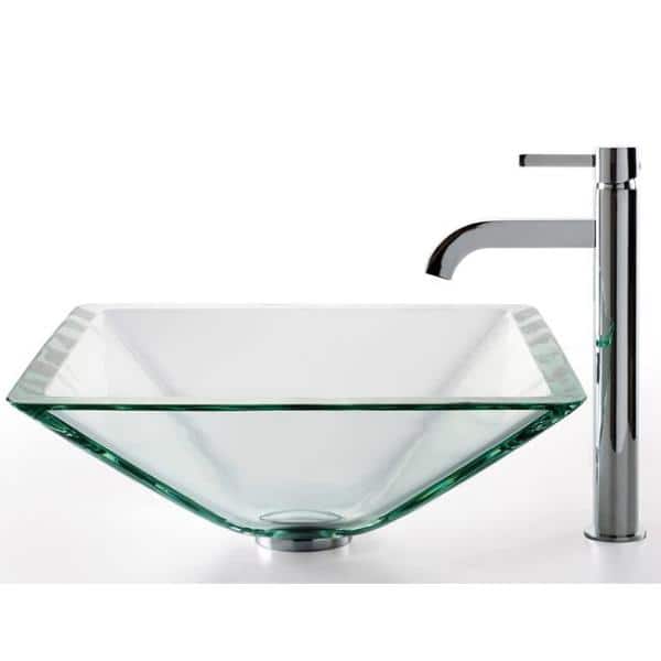 Clear Glass Square Vessel Sink with Chrome Faucet
