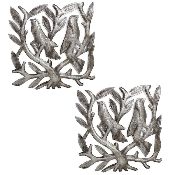 Global Crafts Square Tree of Life with Birds Haitian Steel Drum Wall Art (Set of 2)