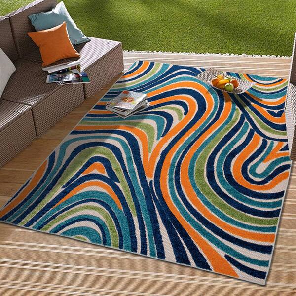 World Rug Gallery Contemporary Waves Non-Slip (Non-Skid) Multi 7'10 inch x 10' Indoor Area Rug