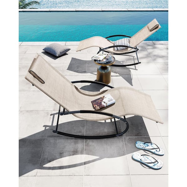 2-Piece Metal Outdoor Rocking Chair with Teslin fabric Patio Rocking Chaise Lounger with Removable Headrest in Beige