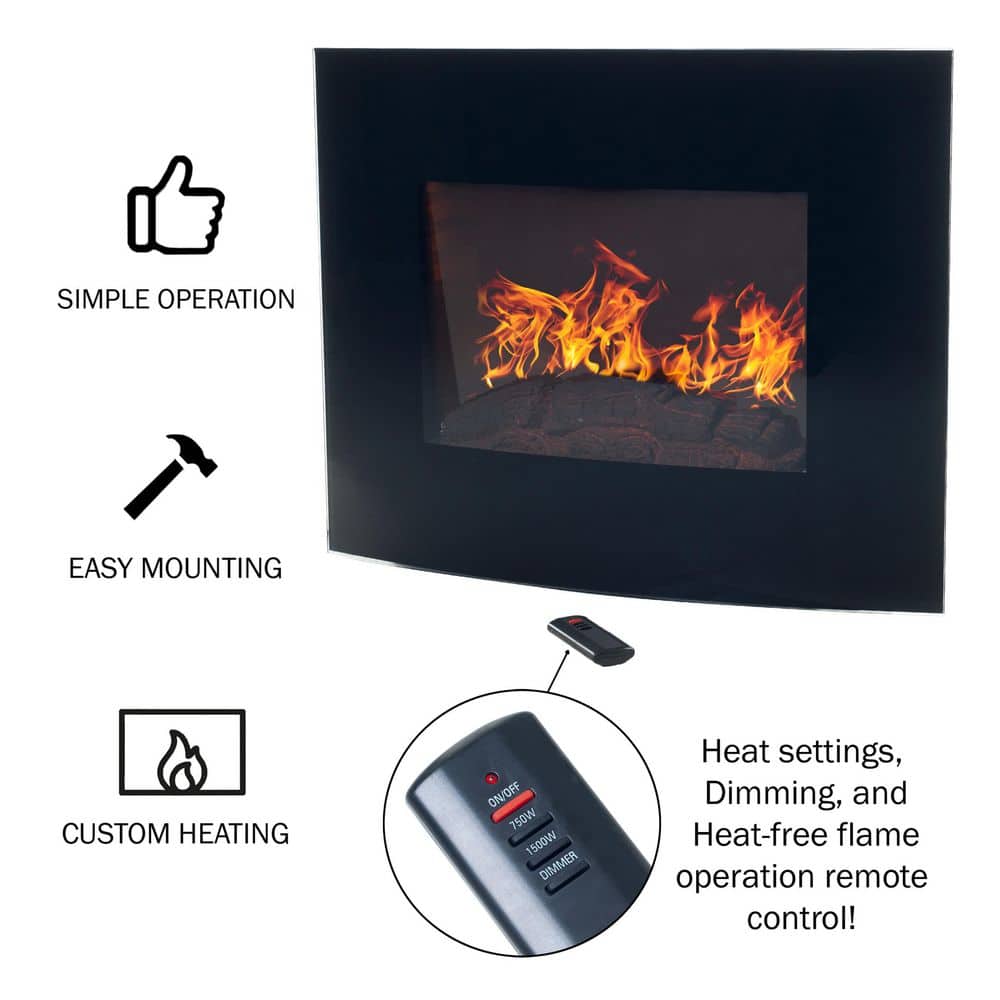 Black Curved Glass Wall Mount Electric Fireplace with Remote